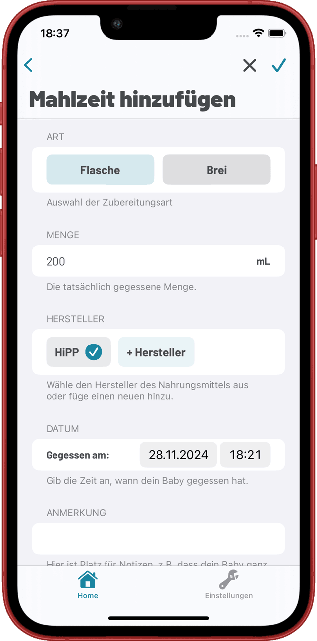 Screenshot showing TinyTummy Add Entry Screen