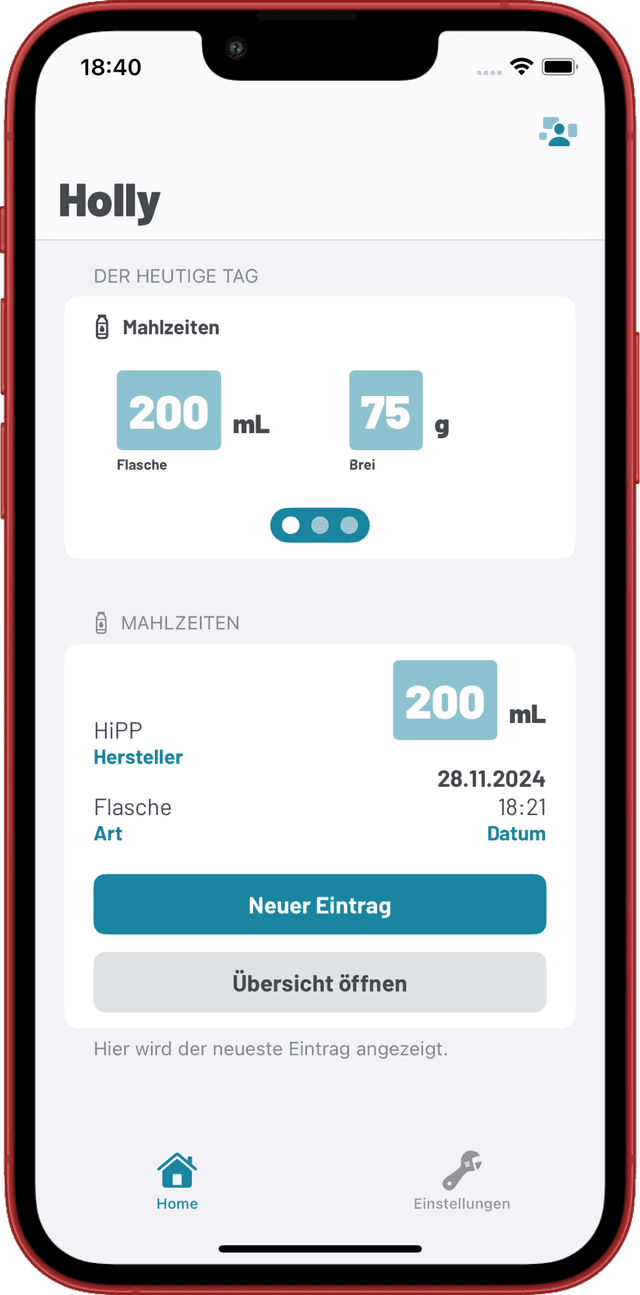 Screenshot showing TinyTummy Home Screen