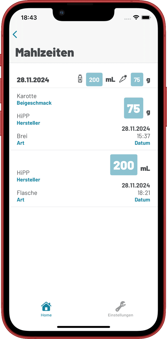 Screenshot showing TinyTummy Food-List Screen